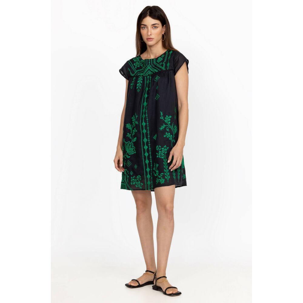JOHNNY WAS WILLOW PETAL SLEEVE TUNIC DRESS Size Medium Embroidered Black Green